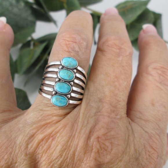 Genuine Turquoise Ring>925 Sterling 4 Stone Turquoise Ring,Stacked Turquoise - Picture 2 of 7